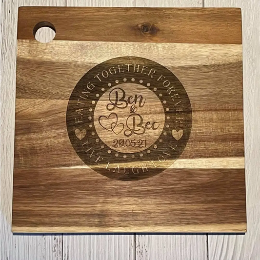 ’Eating together forever’ engraved Chopping board - Wedding