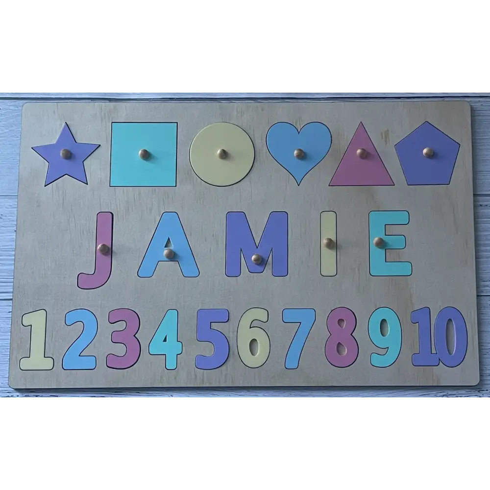 Personalised name puzzle with numbers and shapes - 3-5 letters / pastels - All Products