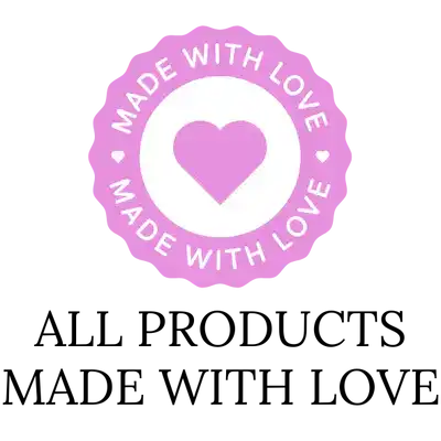 Pink circular badge with ’MADE WITH LOVE’ text and a heart symbol.