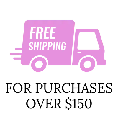 Pink delivery truck icon with ’FREE SHIPPING FOR PURCHASES OVER $150’’ text.