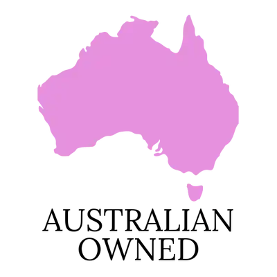 Pink silhouette map of Australia with black text reading ’AUSTRALIAN OWNED’ underneath.