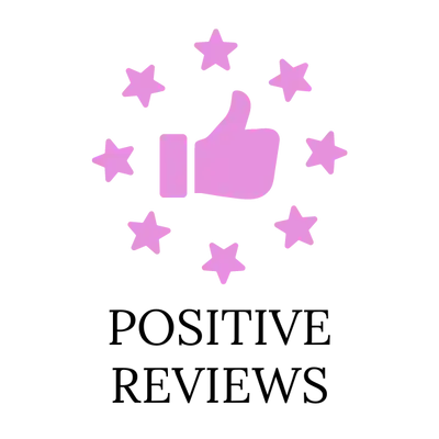 Pink thumbs-up icon surrounded by stars above text reading ’POSITIVE REVIEWS’