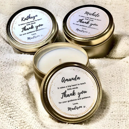 Thank you candle tins gold and black personalised label - 4oz - Teacher’s Gifts