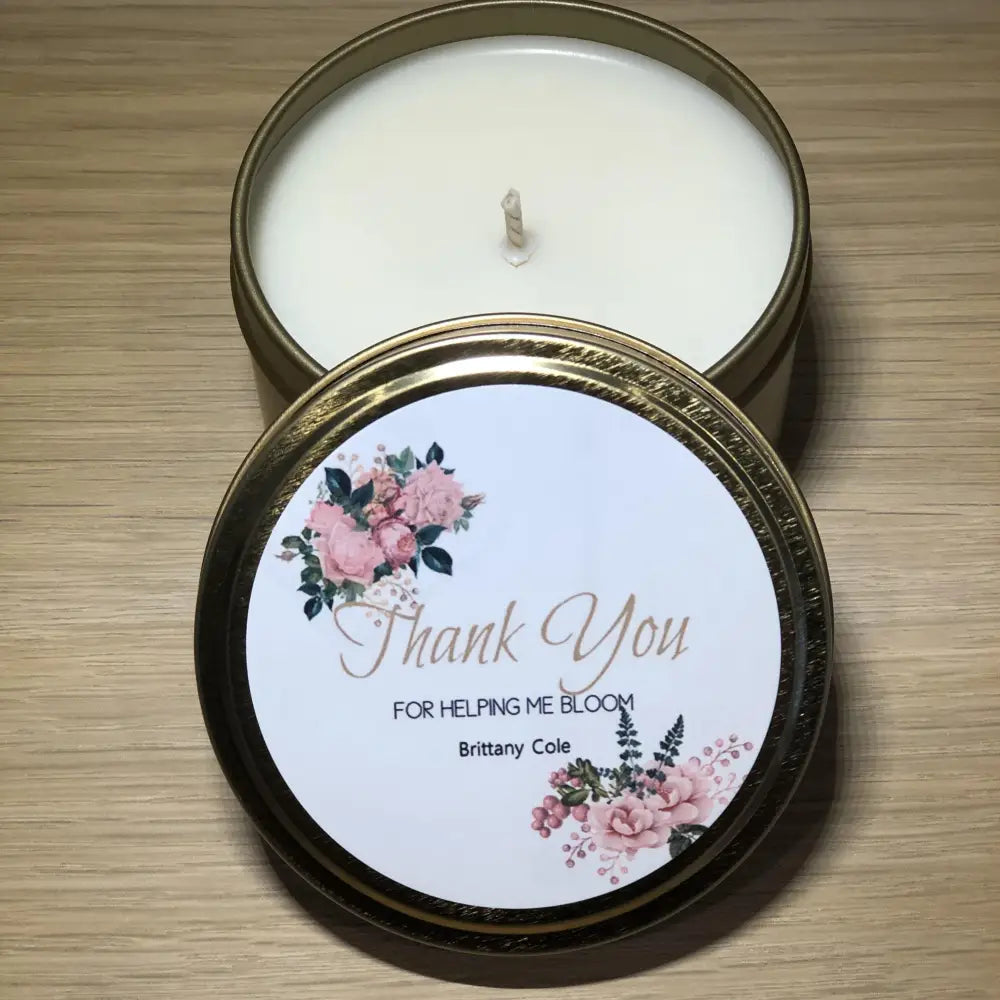 Thank you Teacher personalised candle tin with pink floral design label - 4oz - Teacher’s Gifts